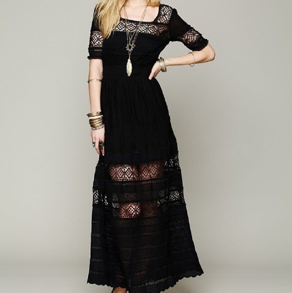 Free People Crochet and Lace Boho Black Maxi Dress